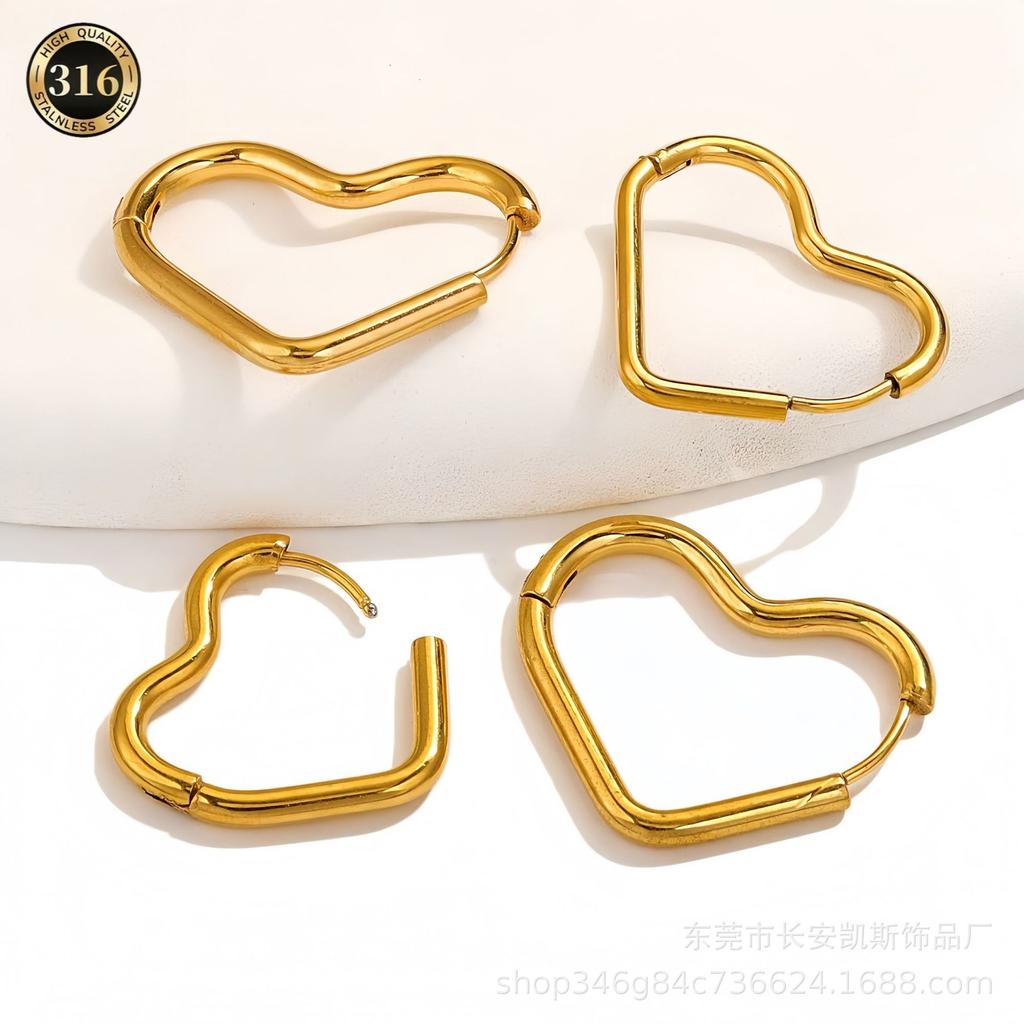 Heart-Shaped 18K Gold Stainless Steel Earrings - Women's Fashion Simple Ear Hoops