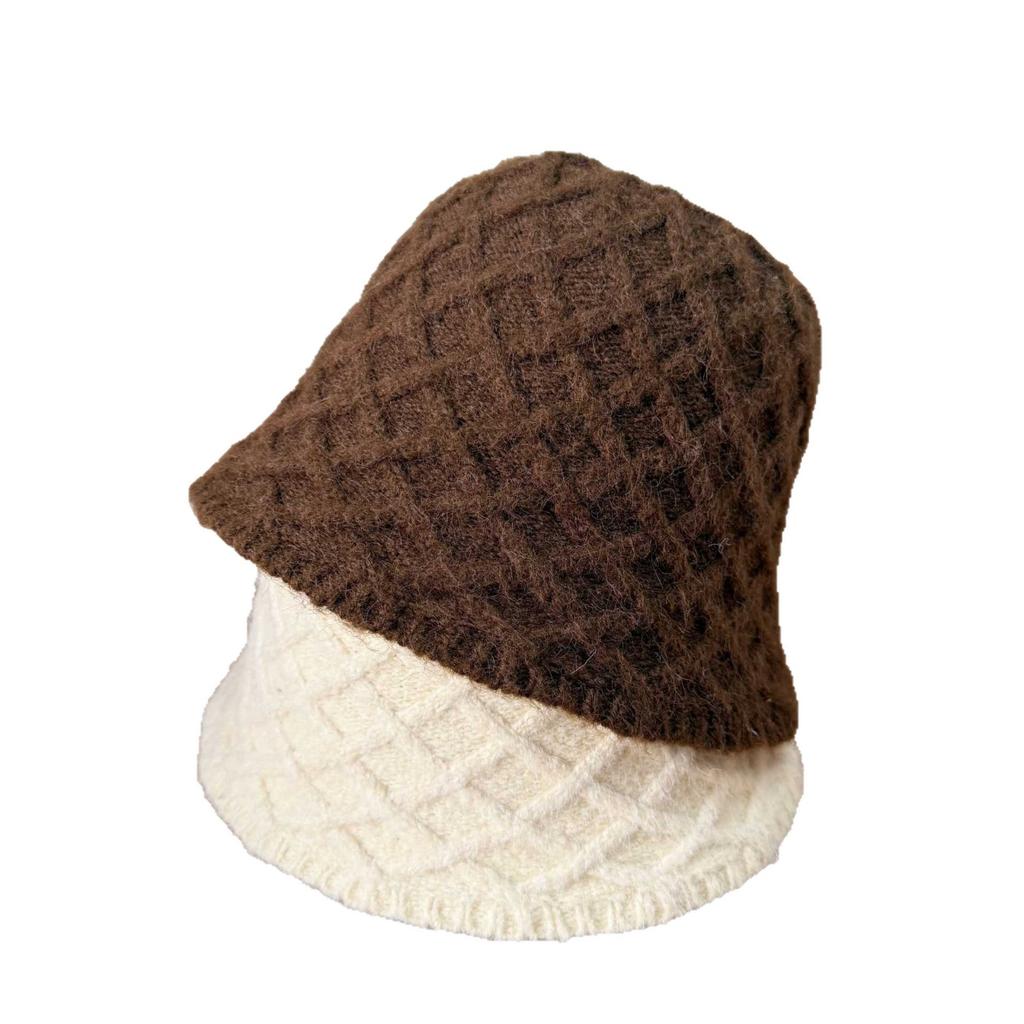 Simple rhombus knitted basin hat women's autumn and winter wool knitted bucket bucket hat solid color basic texture women's hat