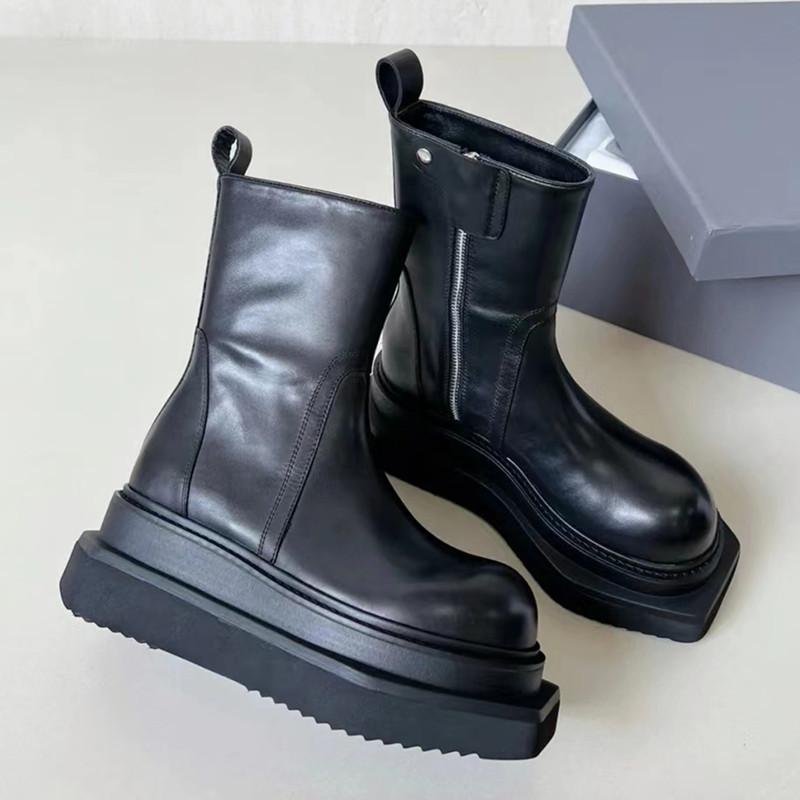 Мода 2025 Новые Женские Ботильоны Модные Квадратный Носок Задние Молнии Зимние Женские На Плоской Подошве Каблуки Высокое Качество Женские Кожаные Ботинки Обувь