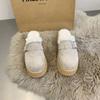 Новые меховые зимние тапочки женские кожаные мулы на платформе тапочки длинные плюшевые теплые мягкие домашние шлепанцы с пряжкой на ремне обувь 2024