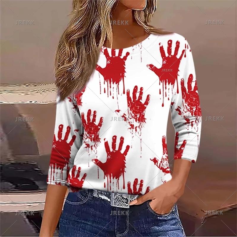 Harajuku 3D Horror Halloween Print Sweatshirts Red Blood Patterns Graphic Round Neck Hoodies Women Fashion Clothing Sweatshirt