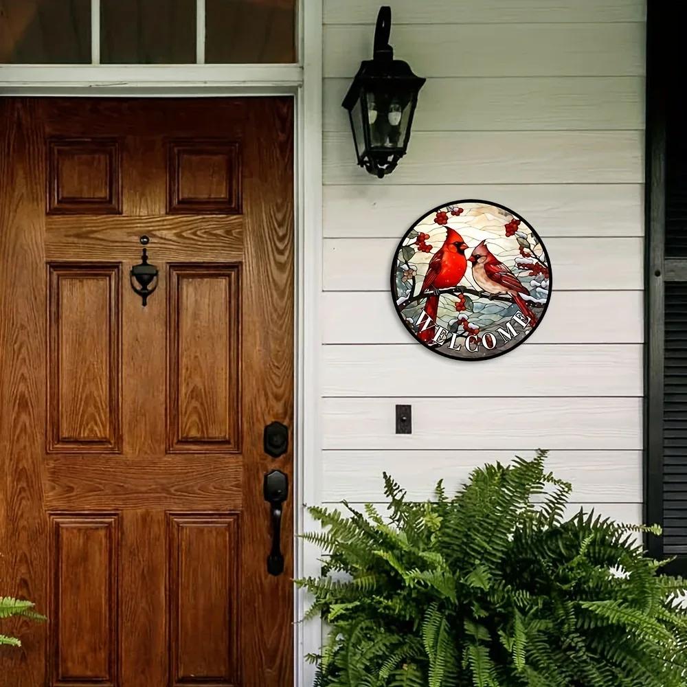 1 шт., приветственный венок с кардиналом и ягодами падуба, зимняя деревенская металлическая жестяная вывеска, декоративная настенная витражная табличка с изображением красной птицы