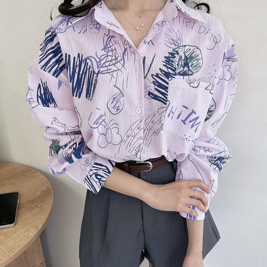Drawing Print Stripe Loose Fit Shirt Blouse for Women