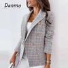 Danmo Office Lady Elegant Slim Blazer Autumn Lapel Long Sleeve Button Cardigan Jacket Women Fashion Plaid Print Casual Suit Coats