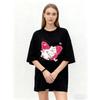 Oversized T Shirt Black Cat With Pink Wings And Butterflies Print For Casual Wear