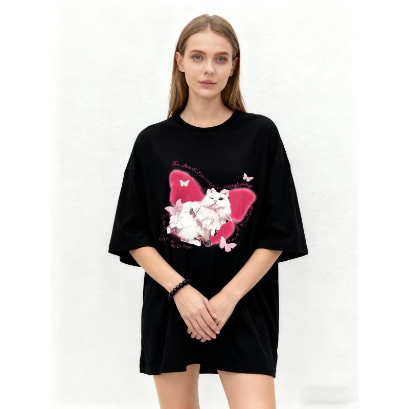 Oversized T Shirt Black Cat With Pink Wings And Butterflies Print For Casual Wear