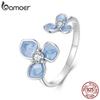 BAMOER 925 Sterling Silver Blue Flower Adjustable Ring, White Gold Plated Promise Christmas Cute Rings Dainty Chic Jewelry