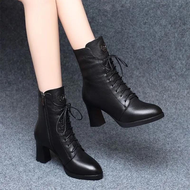 Модные туфли до середины голени женские кожаные туфли с круглым носком на шнуровке черные туфли на высоком каблуке элегантные туфли на каблуке со шнуровкой женские полусапожки по акции Y2k Hot