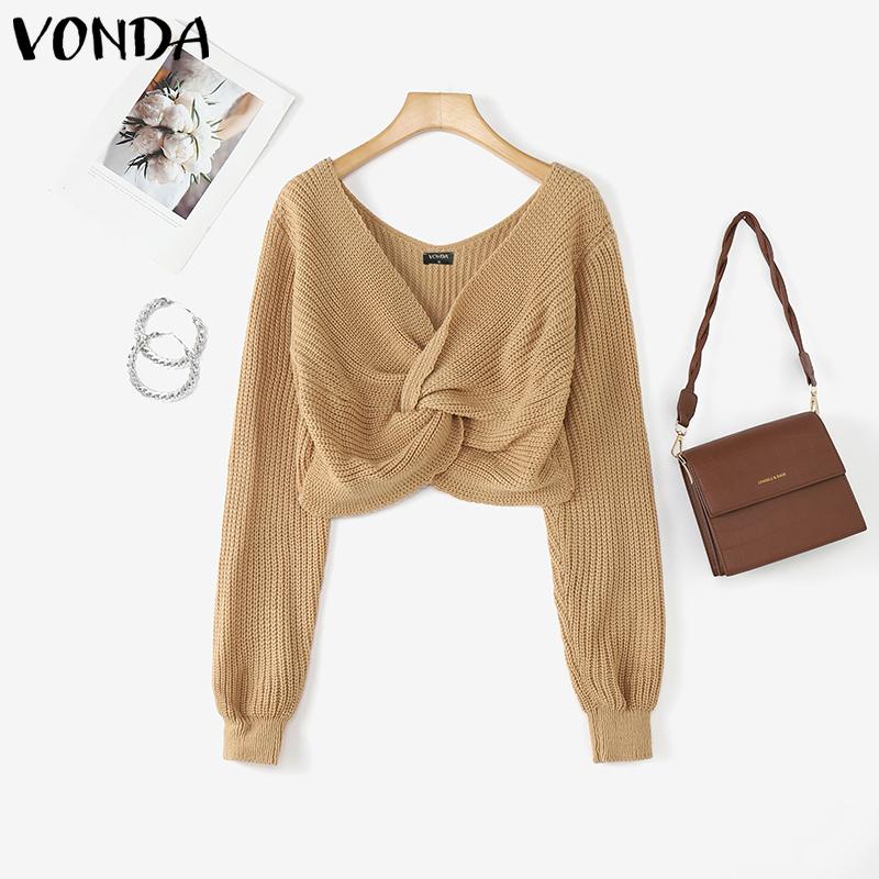 VONDA Women Casual Autumn V Neck Long Sleeve Twisted Cropped Sweaters Knitwear