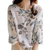 Sheer Floral Blouse with Botanical Round Drawstring Loose and Covers Upper Size S ROSELUCA. Women's 3/4 Sleeves, Print, Neck, Detail, Lightweight,
