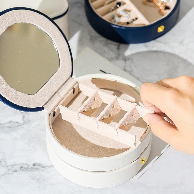 Travel Organizer Case White Round Jewelry Storage Box Ear Studs Necklace Ring Box Waterproof Double Layer Flannel With Mirror