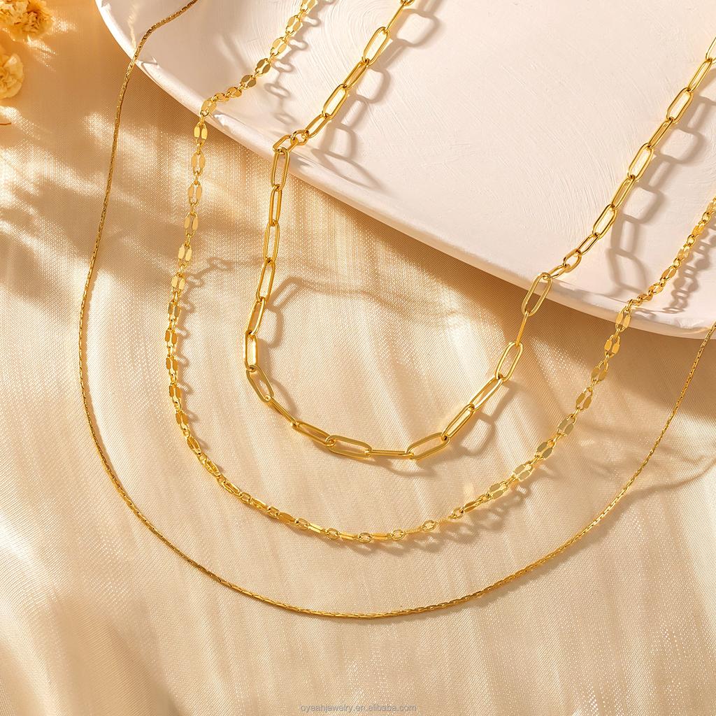 OUYIN JEWELRY 3 Layer Paperclip Lip Gold Wire Chain Zircon Pendant Necklace Gold Plated Dainty Minimalist Trendy Fashion Jewelry