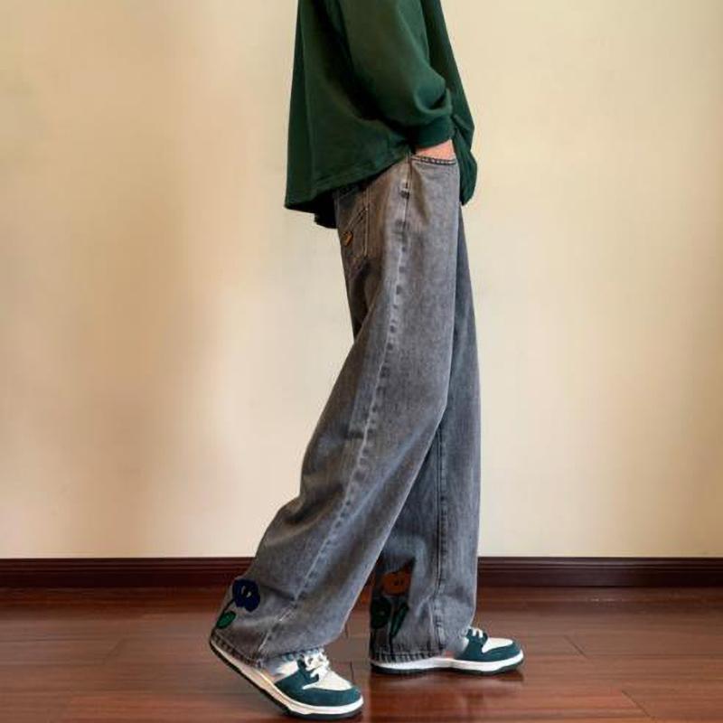 Мужские мешковатые джинсы Y2K с цветочным принтом, уличные американские повседневные джинсовые брюки, прямые брюки Hombre Vintage