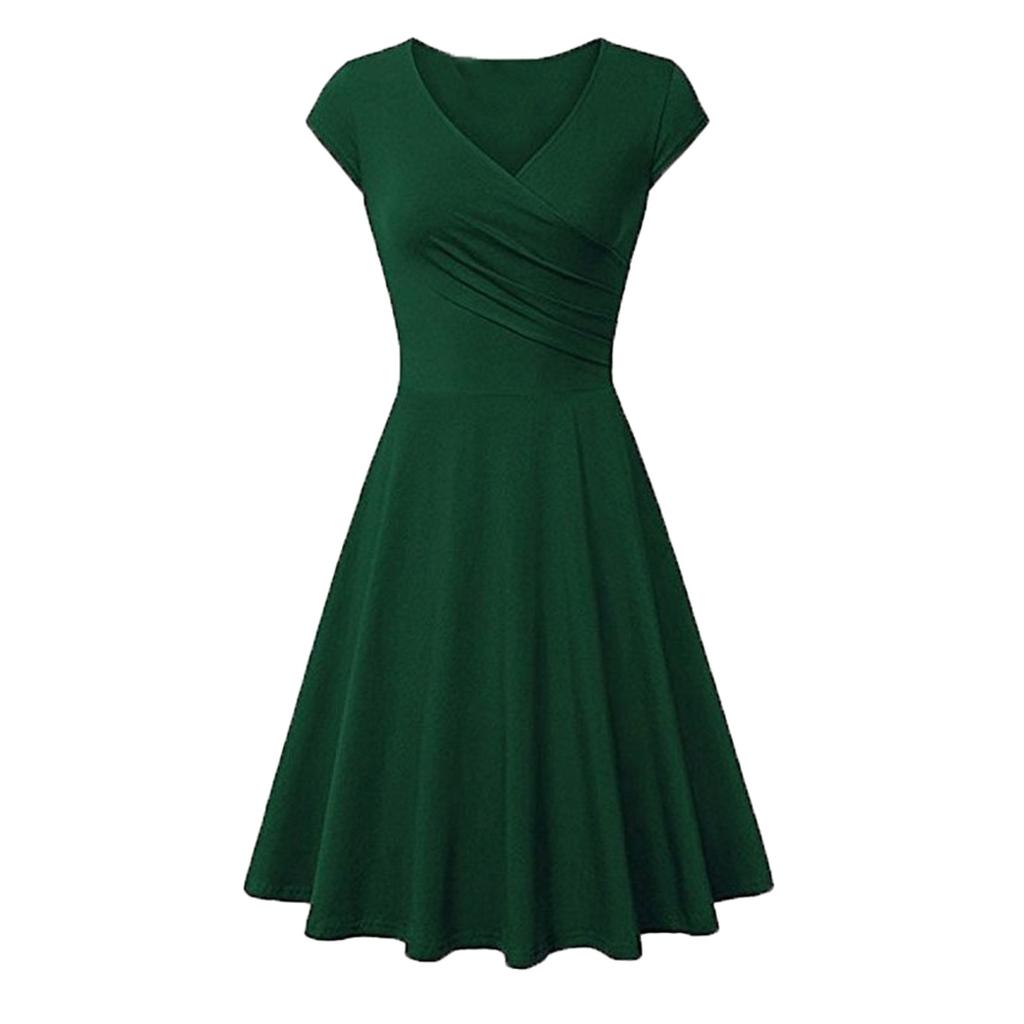 Fashion Women Solid Color Dress V-Neck Short Sleeve Evening Party Dress