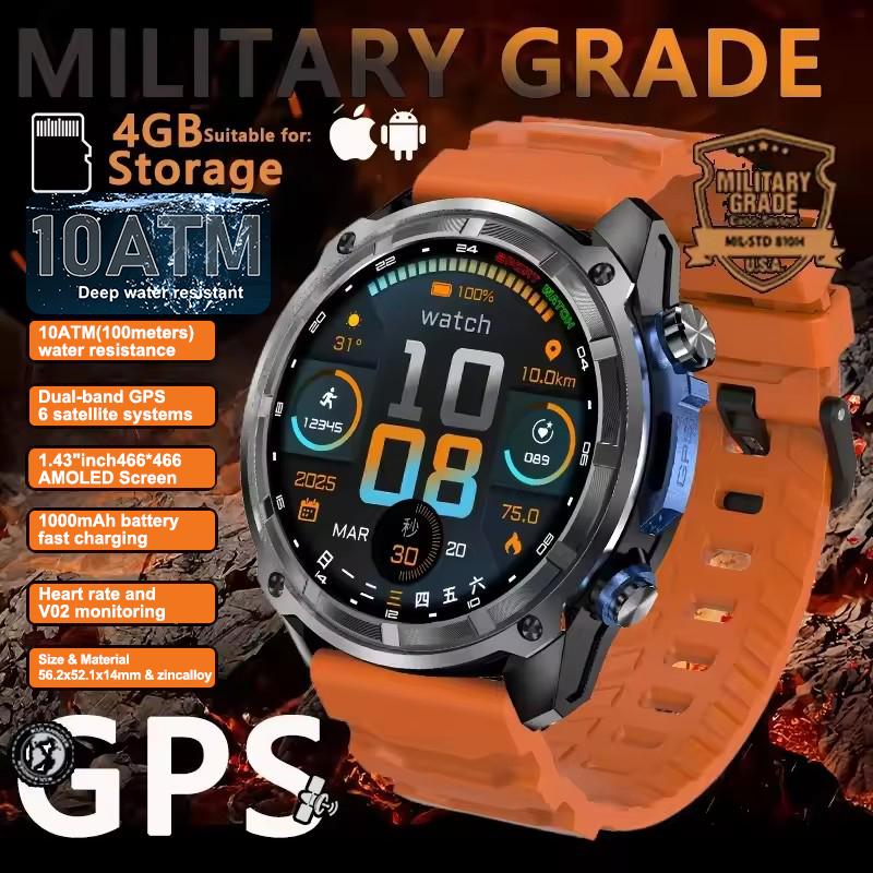 Новые встроенные умные часы с настоящим GPS, HD, для мужчин, для улицы, с альтиметром, батарея 1000 мАч, память 4 ГБ, водонепроницаемость 10 АТМ, Bluetooth-звонки, спорт, фитнес, модные умные часы