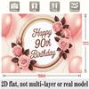 90th Birthday Banner, Pink Roses Golden Frame Backdrop Wall Decor for Party