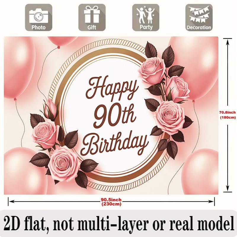 90th Birthday Banner, Pink Roses Golden Frame Backdrop Wall Decor for Party