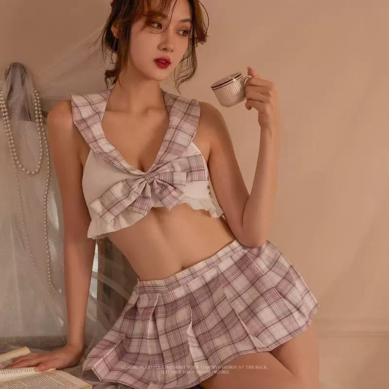 Sexy lingerie sexy plaid jk student clothing summer lace-up hollow schoolgirl uniform