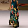 Summer Women's Sleeveless Long V-Neck Printed Jade Flower Dresses