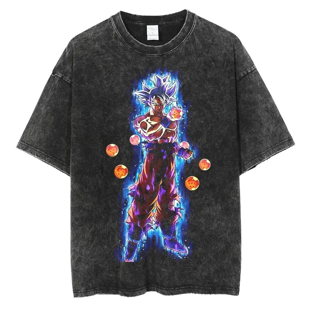 Streetwear Retro Vintage Washed Black Tshirt Dragon Ball Anime Graphic Hip Hop Loose T Shirt Cotton Men Harajuku TShirt Tops