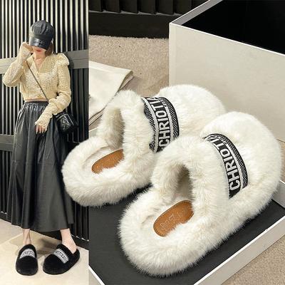 Большого размера пушистые тапочки-шлепанцы модные хлопковые тапочки с принтом плюшевые осенне-зимние новые с закрытым носком для улицы на платформе женская обувь 2025