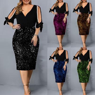 Женское модное платье большого размера с блестками и талией с рукавами 5 минут