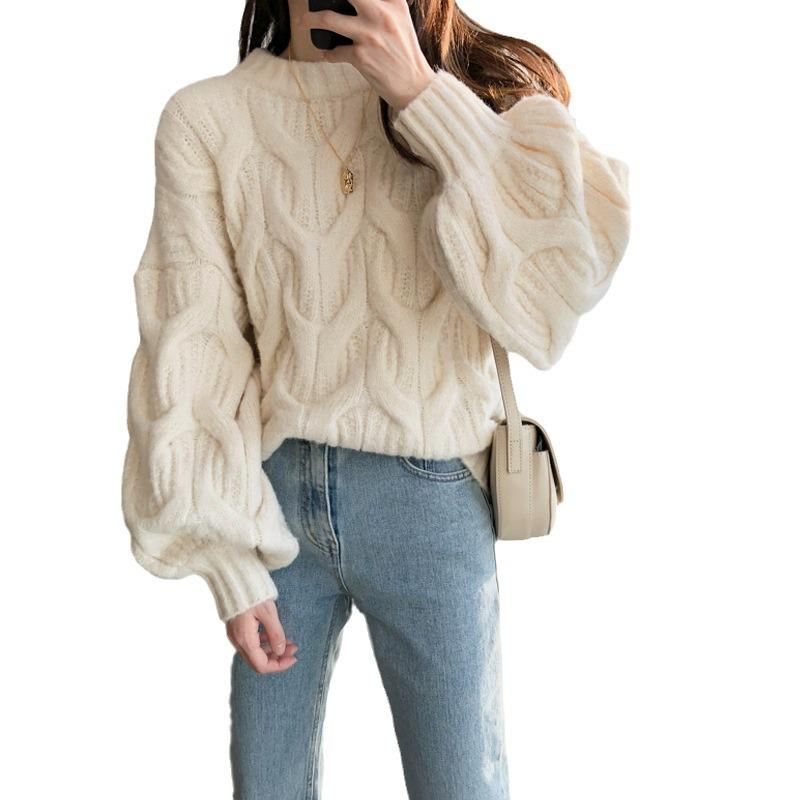 Women's Lantern Sleeve Cable Knit Cardigan - Autumn/Winter Korean Loose Style Sweater