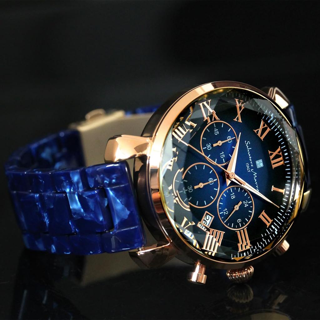 Salvatore Marra Men's Chronograph Watch, Model SM19104A-PGBL, Acetate Strap, Multi-Faceted Glass, Blue Gradient, 5 ATM