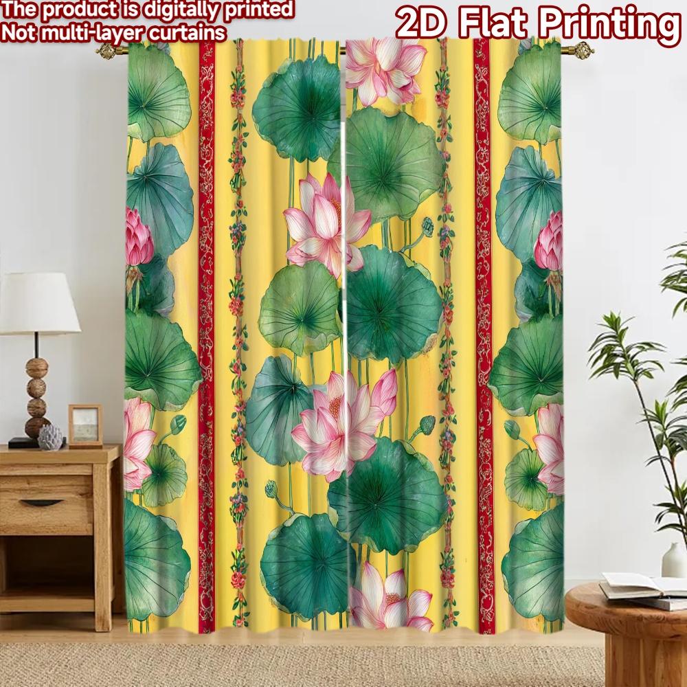 2D flat printing 2pcs Curtain Curtain Festive Lotus Leaves Design Digital Printed Polyester Drapes Family Party Perfect for