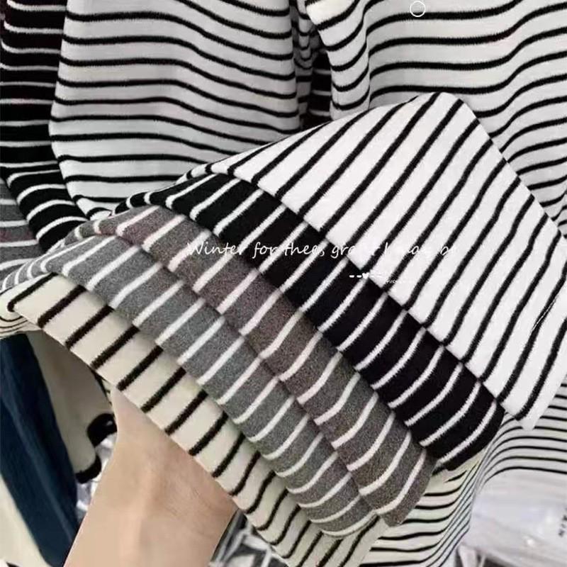 Женский полосатый велюровый пуловер со средней горловиной - Осенне-зимняя теплая приталенная рубашка с длинным рукавом