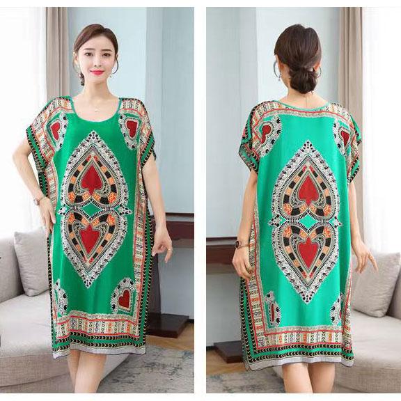 Летнее платье из хлопка и шелка. Прохладное и удобное платье средней длины с принтом. Свободное повседневное женское платье в этническом стиле с короткими рукавами.
