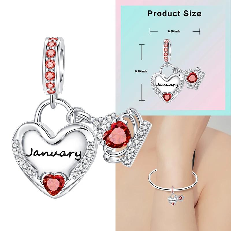925 Silver 12 Months Birthstone Heart-shaped Beads Charms Fit Original Bracelet Charm Beads Necklace Diy Female Jewelry