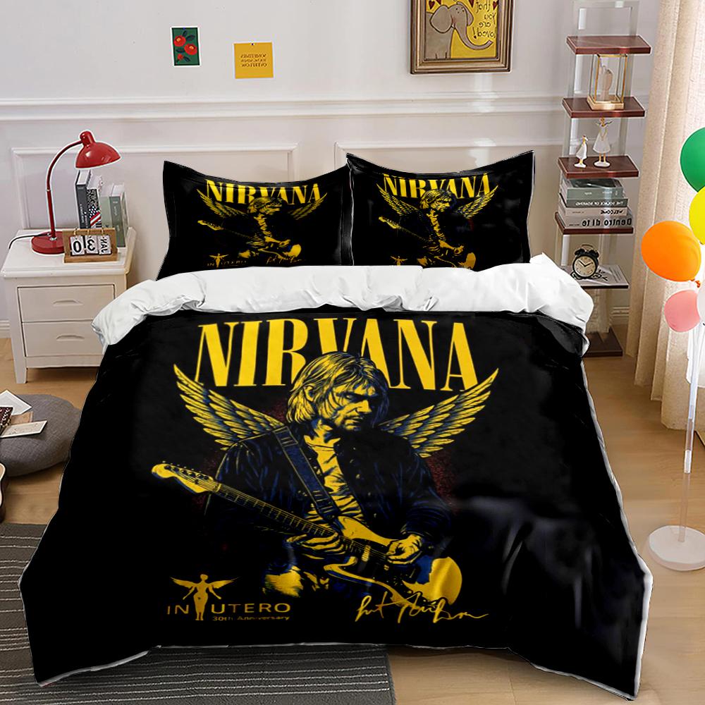 Nirvana Band Print Bedding Set Black Theme Bedding set (1 duvet cover, 2 pillowcases, duvet not included)