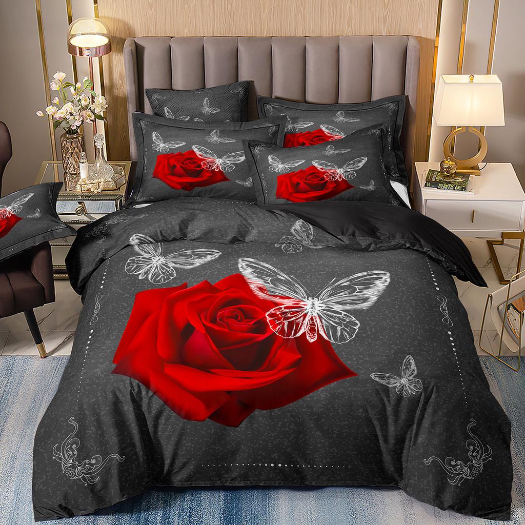 Красная Роза 3D Цветочный Пододеяльник Комплект постельного белья Цветочное Постельное Белье Двуспальная Простыня Одеяло Летнее Одеяло Королевский Размер