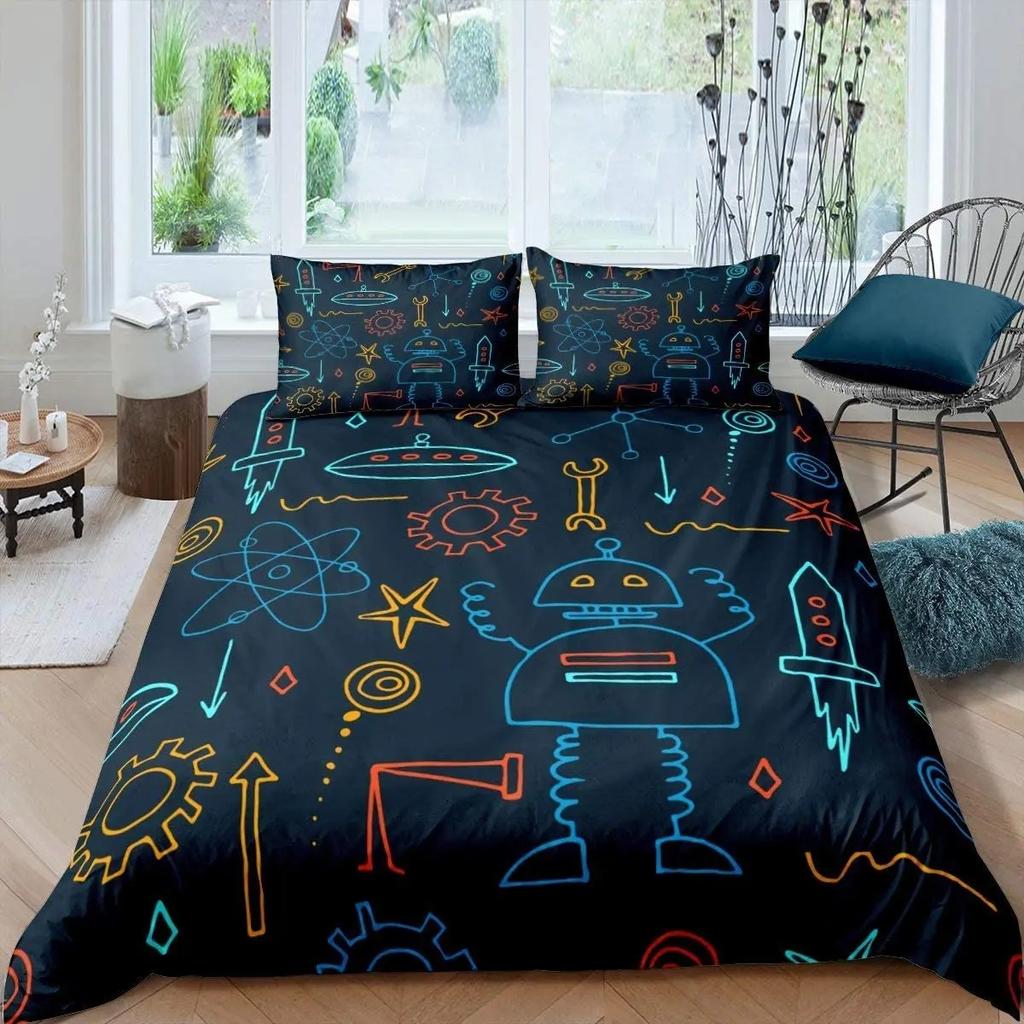 Boys Cartoon Robot Rocket Duvet Cover King Queen Size,Kids Spaceship Bedding Set 3Pcs Starry Galaxy Universe Planet Quilt Cover