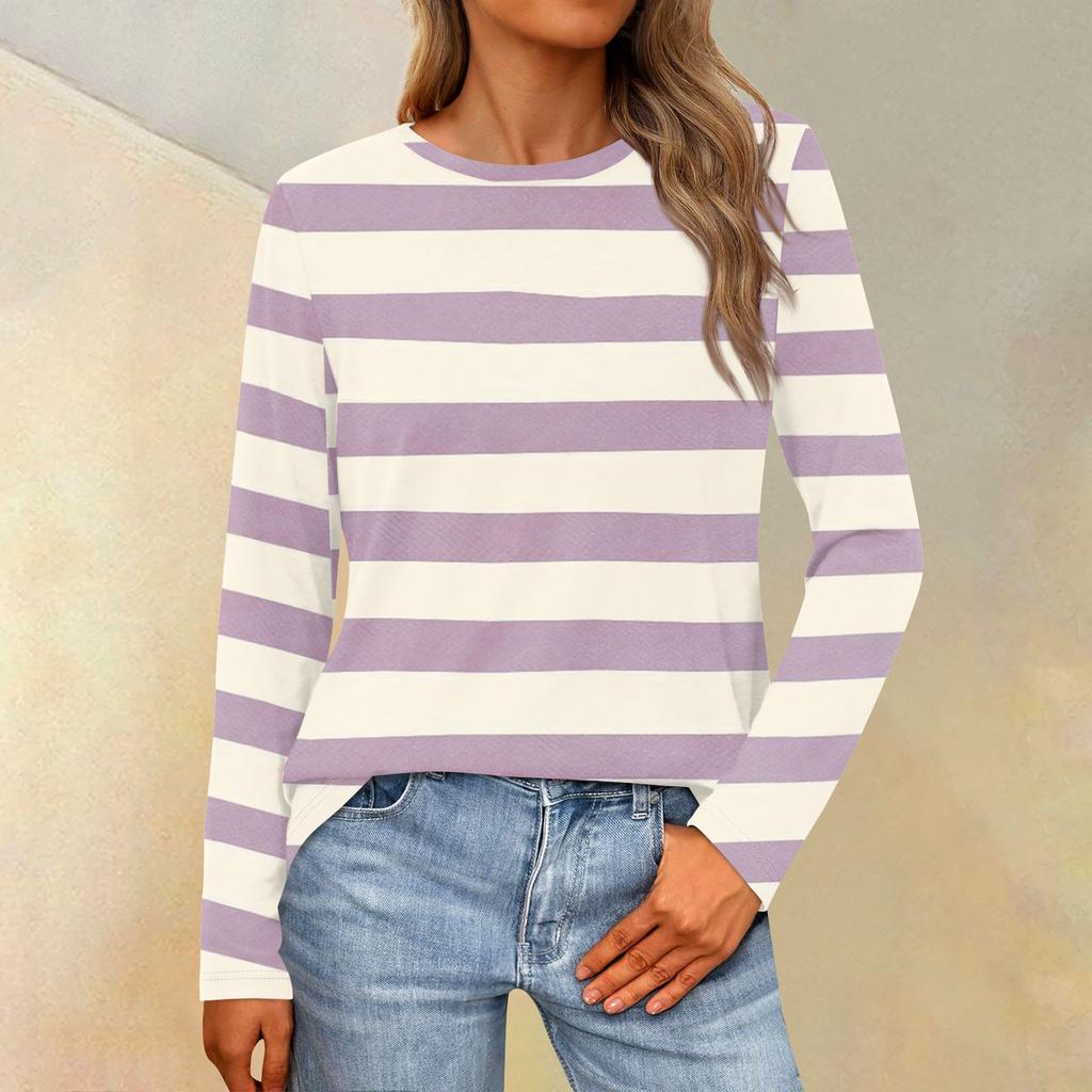 Женская свободная повседневная повседневная футболка с длинным рукавом и круглым вырезом, сплошной цвет, топ