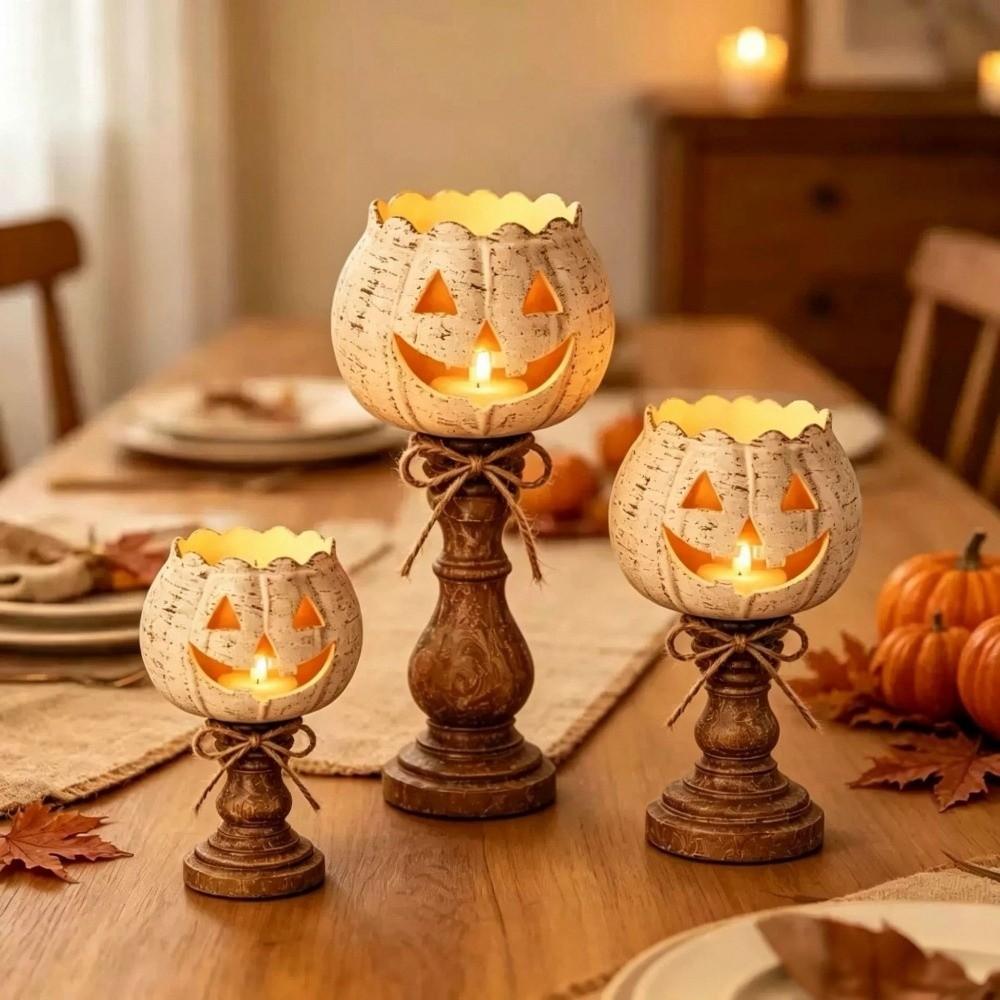Vintage Style Halloween Pumpkin Lamp with Bow Tealight Candle Holder Lamp Farmhouse Decor