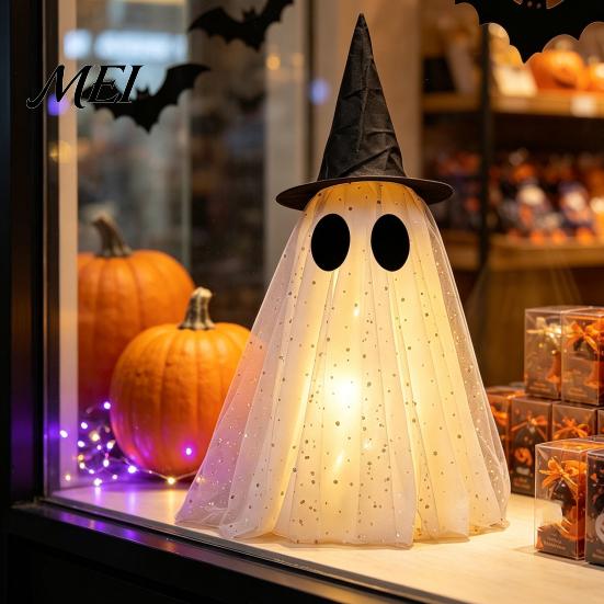 Stable Three Dimensional Ghost Halloween Decor, Spooky Sequin Mesh Fabric with Witch Hat/Bow, Whimsical for Home Decor Small Standing Tabletop