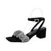 Summer new one-word buckle with rhinestone high-heeled sandals black square head fashion sandals women's comfortable Korean style