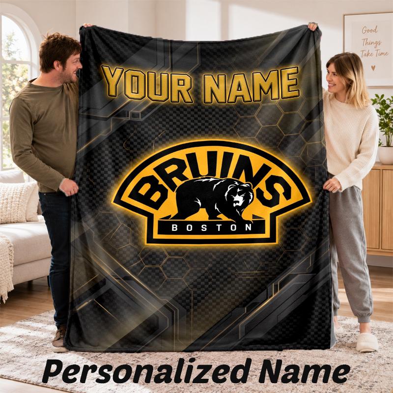 Boston Bruins Personalized Flannel Blanket Custom Name Text Soft Throw Blanket Home Decor