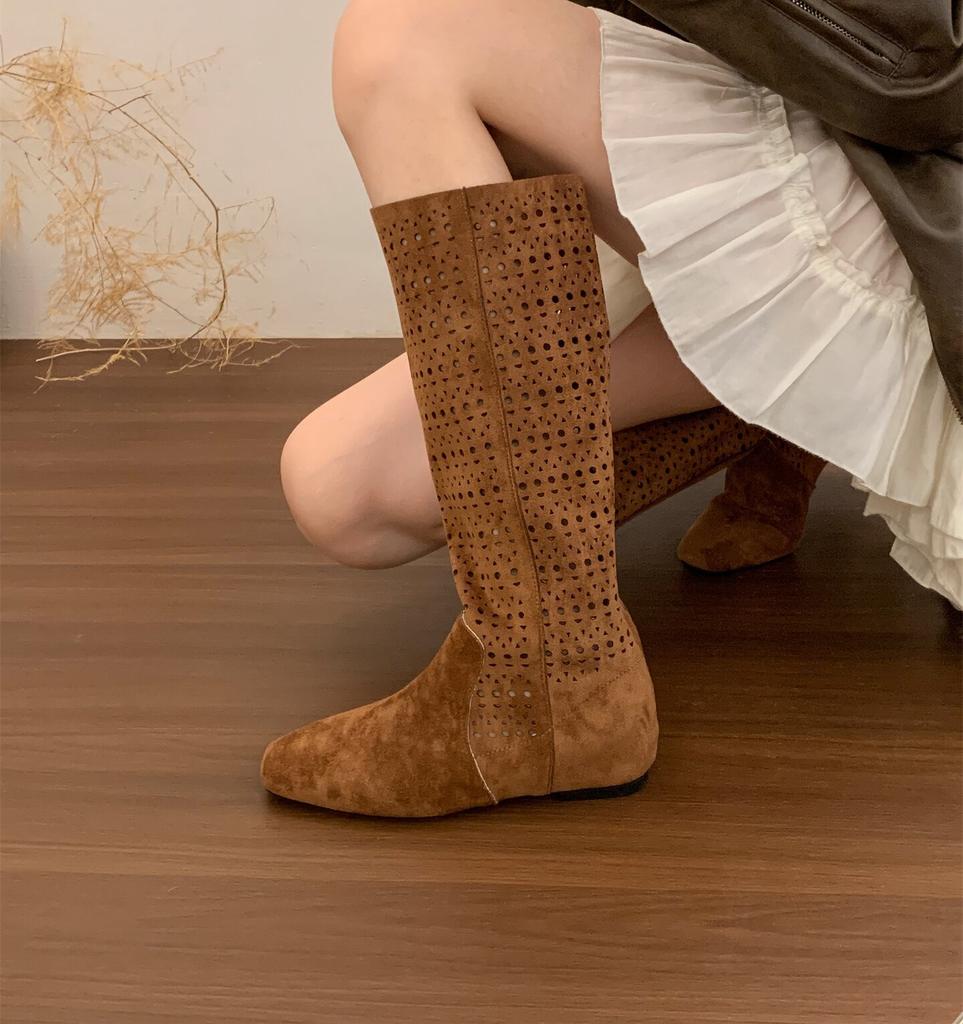 4CM Inner Height Increase~ Retro Spice Girl Maillard Hollow Boots Women's Autumn Breathable Non-slip Millennial Wind Thin Boots