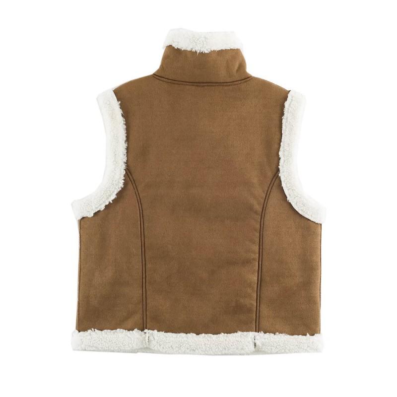 Womens Faux Suede Sherpa-Lined Stand Collar Biker Vest Sleeveless Streetwear 2026