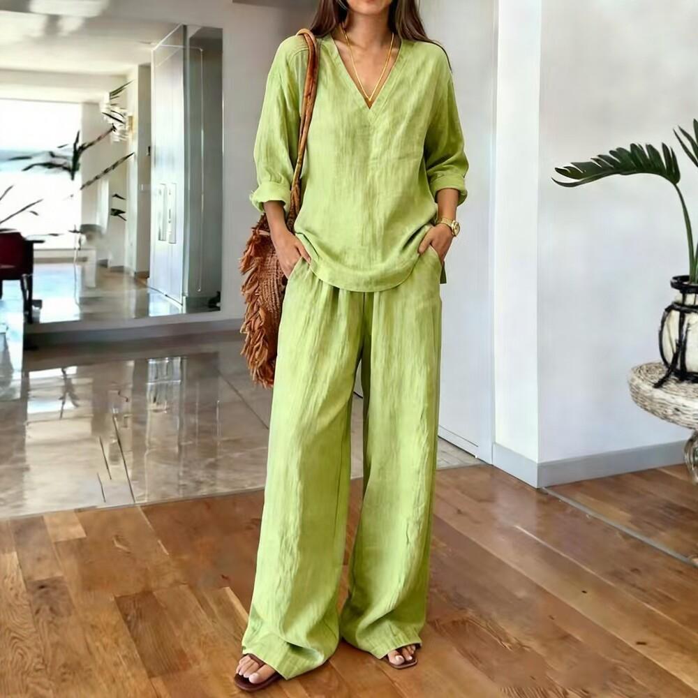 1116 New European and American Style V-neck Linen Wide-Leg Pants Set Women's Summer Casual Loose Two-Piece Trendy Style