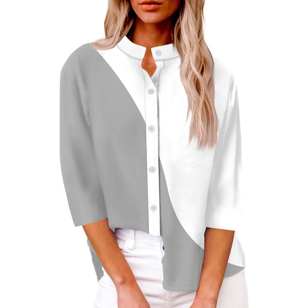 Women's Fashion Casual Shirt Button Loose Seven Sleeve Striped Patchwork Printed Top