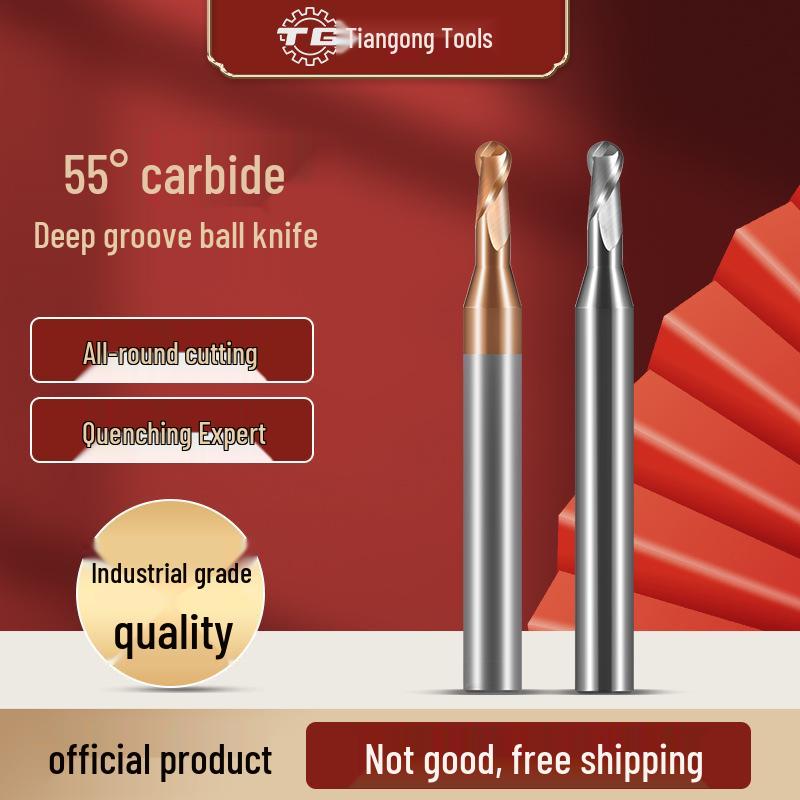 Tiangong Вольфрамовая сталь R0.5 Концевая фреза со сферическим концом 0.75 Сплавная шейка, 2 режущие кромки, 55° с покрытием, Удлиненная для глубоких пазов 1, 1.25