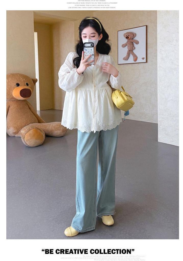 2026 Spring Maternity V-Neck Embroidered Doll Shirt – French Korean Style Loose Top