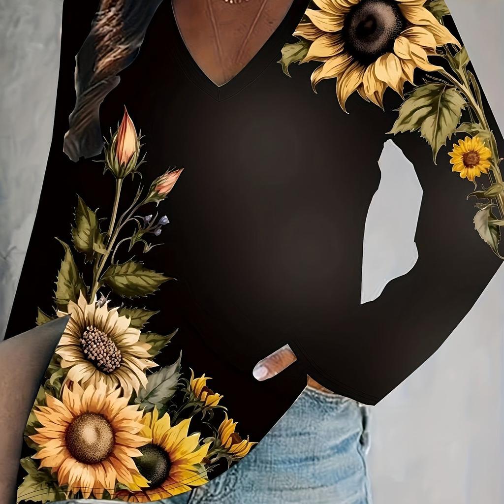 Футболка с длинным рукавом и V-образным вырезом с принтом подсолнуха, футболки в повседневном стиле на весну, удобные женские