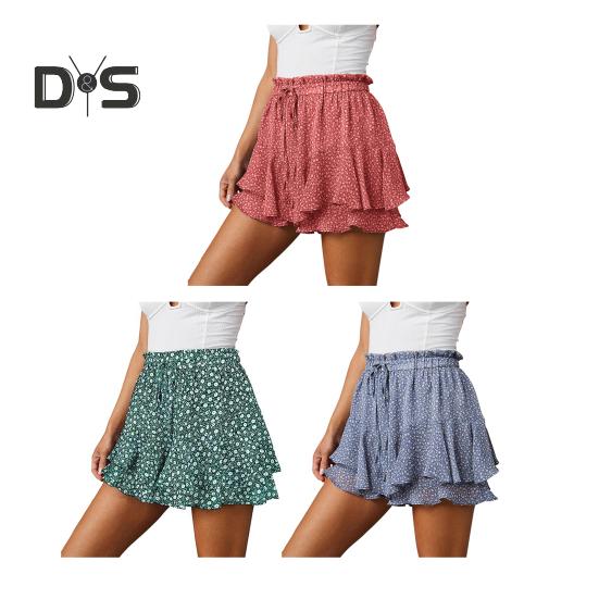 Женские шорты с высокой талией, мини-юбка с оборками, эластичный пояс на шнурке, струящиеся летние шорты из шифона в стиле бохо с цветочным принтом