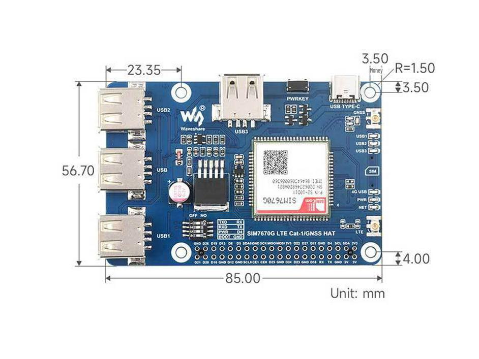 Raspberry Pi LTE-4G Cat-1 SIM7670G GNSS/USB HUB Expansion Board with 3 USB 2.0 Ports