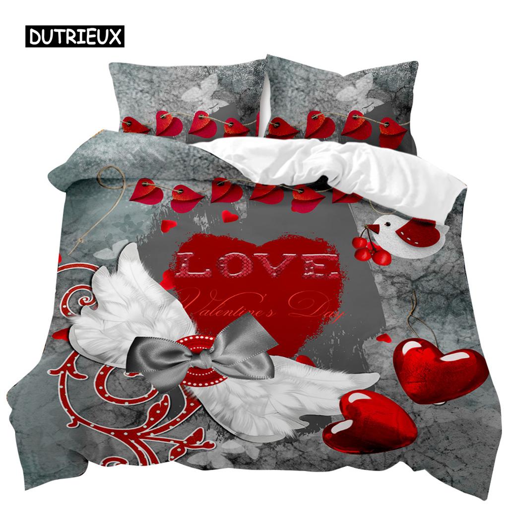 Festival Duvet Cover Set Valentine's Day Print Bedding Set Couple Romantic Polyester Quilt Cover for Lover Full Queen King Size